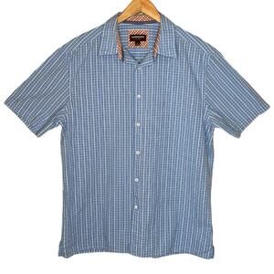 Johnston & Murphy Textured Cotton Short Sleeve Shirt in Blue Checker L